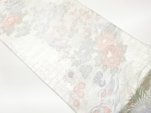 JAPANESE FUKURO OBI / PLATINUM​ FOIL / SAGANISHIKI / WOVEN CAMELLIA